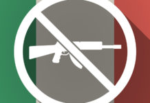 Auda contro il recepimento della nuova Direttiva armi fucile d'assalto barrato su fondo di bandiera italiana: Auda contro il recepimento della nuova Direttiva armi