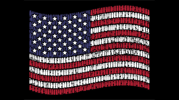 Vendita di armi in America, la situazione vendita di armi in america: bandiera degli stati uniti disegnata con proiettili